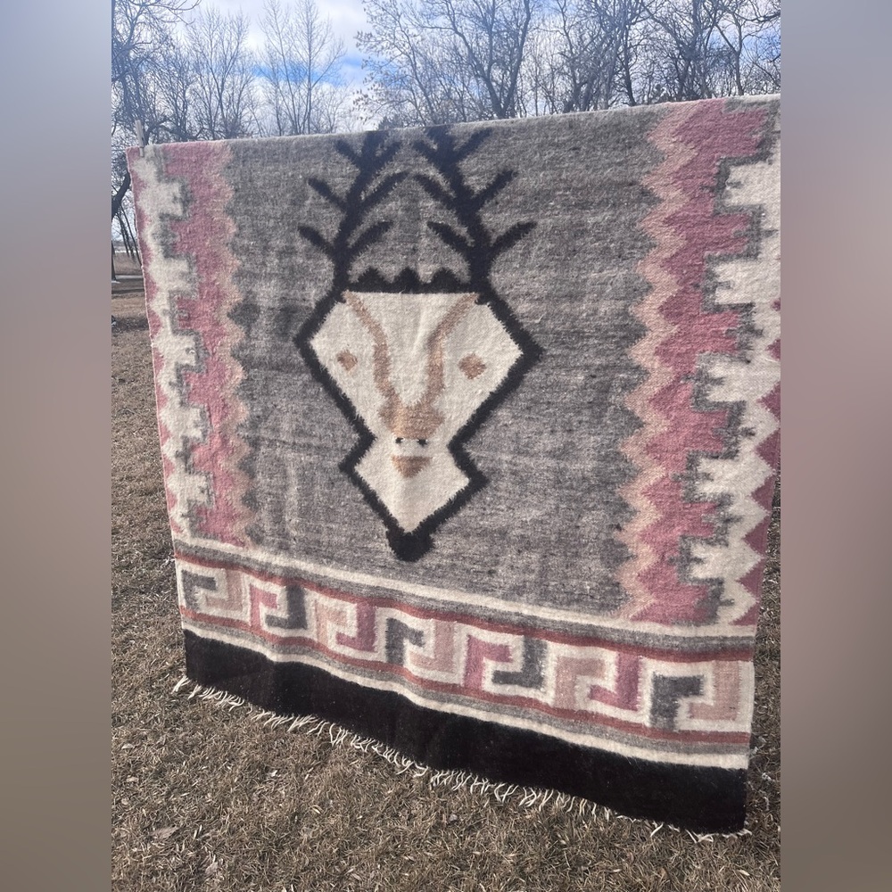 Vintage Wool Navajo Southwestern Deer Motif Wool Blanket - Pink, Gray, Cream